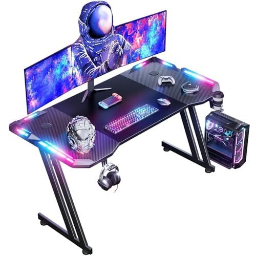 HLONONE 120 x 60 cm Gaming Tisch, Gaming Schreibtisch mit LED, PC Tisch Gaming mit Kohlefaseroberfläche, Stabiler Computertisch für Gaming mit Kopfhör