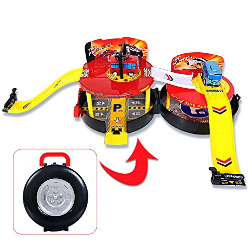 MIYUE Double Deck Tire Parking Lot Car Track Playing Set Toy , Bus Series Little Buses Racing Sports Toy for Boys and Girls 3+ year old
