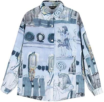 Amazon 柄シャツ アート エジプト 壁画 総柄 くすみブルー 長袖 トップス ブルー ワンサイズ シャツ ブラウス 通販