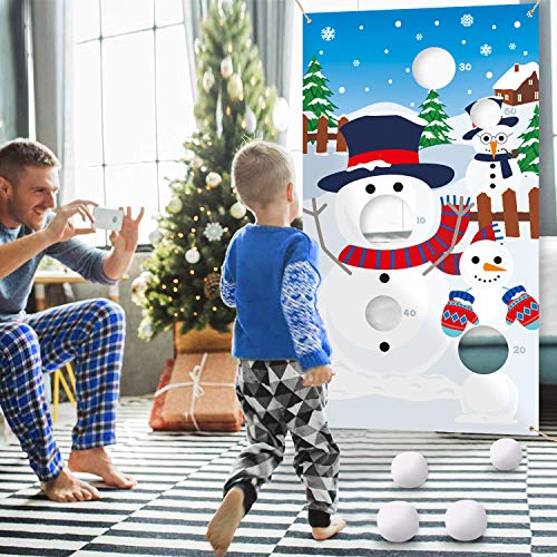 CiyvoLyeen Snowman Toss Games Banner, Winter Christmas Holiday Party Cornhole Game with 5 Snowballs for Kids Adults Family Gathering Indoor Outdoor Frozen Party Supplies