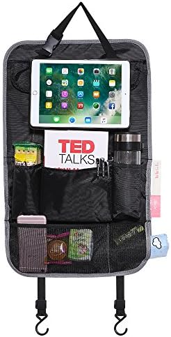 Dreamilan Car Back Seat Organizer, 9 Compartments with IPad/Tablet Holder, Water Bottle Pocket, Foldable Backseat Kick Protector Storage Bag (Gray)