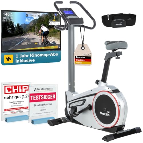 Skandika Ergometer Morpheus | Heimtrainer für Zuhause, Bundle mit Jahresabo für Kinomap App, 12 kg Schwungmassensystem, 32 Levels, 24 Programme, Pulsg