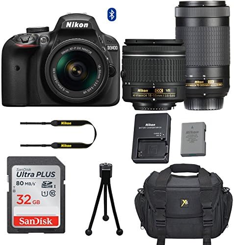 Nikon D3400 DSLR Camera with Nikon AF-P DX 18-55mm f/3.5-5.6G VR Lens + Nikon AF-P DX NIKKOR 70-300mm f/4.5-6.3G ED Lens + 32GB Memory Card + Camera Carrying Bag + Tripod (Certified Refurbished)