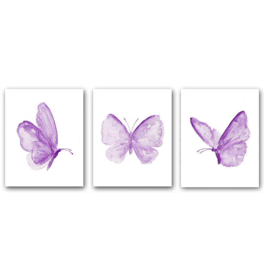 AIWU Butterfly Inspiration Wall Art Print, Set of 3, Purple, Colorful, Modern, Unframed, 8”X10” inches, Perfect for Girls Bedroom, Nursery Home Decor