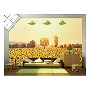 Sunflowers Field at Sunset, Painted on The Canvas by Me, Kiril Stanchev - Removable Wall Mural | Self-Adhesive Large Wallpaper - 66x96 inches