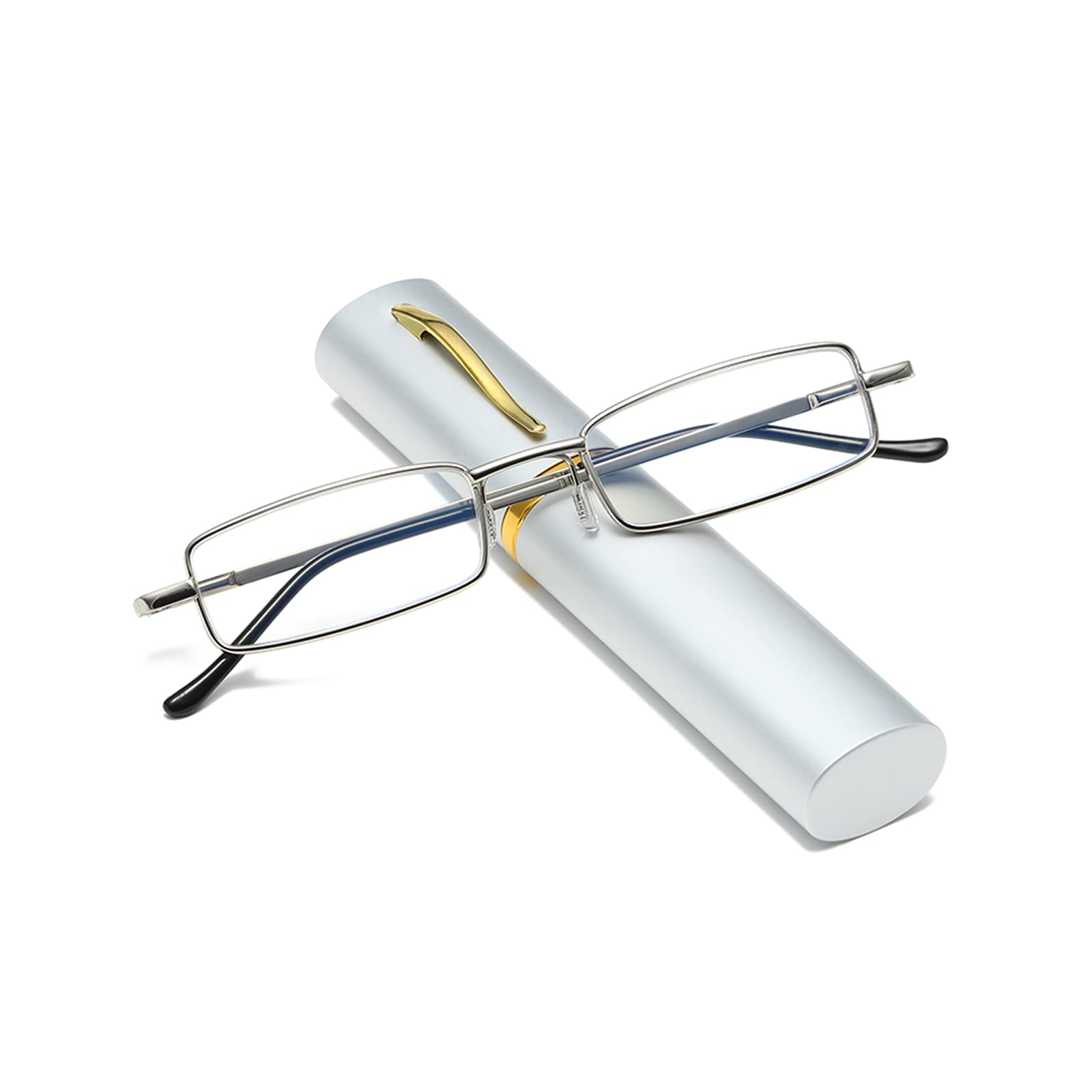 Hubeye Slim Pen Reading Glasses Tube Reader Glasses Men Women Anti Blue Light Small Reader Spring Hinged Eyeglasses with Portable Clip Case 1.00