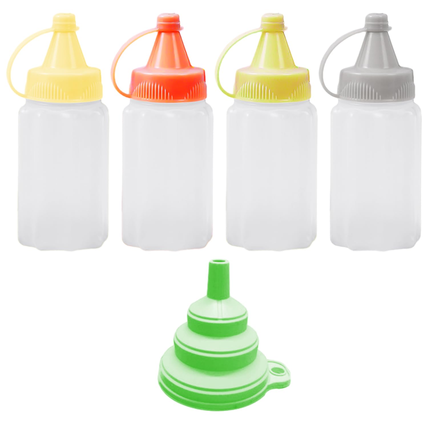 MEMOFYND 4-Piece Mini Sauce Containers with 1-Piece Folding Funnel, 30ml Squeezable Sauce Container, Spice Dispenser, Portable Squeeze Bottle for Kitchen, Picnic