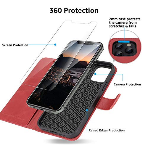 iPhone Wallet Case for iPhone 12/ iPhone 12 Pro Case Cover, [2 Pieces Glass Screen Protector Included], PU Leather Flip Cover with Card Slot Magnetic, Stand Case for iPhone 12 (6.1 Inch), Red