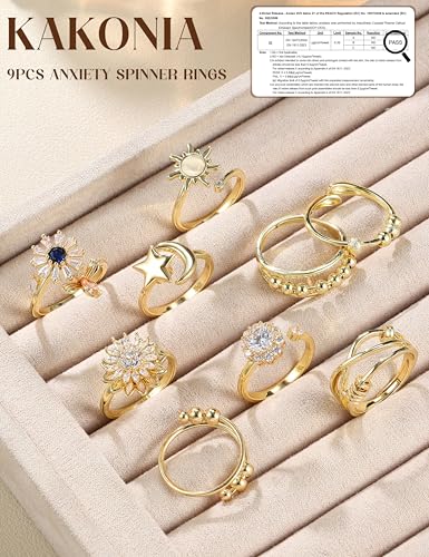 Kakonia 9 Pieces Spinner Ring Women Band Ring Spinner Ring Open Adjustable Stackable Zirkonia Planet Sunflower Flowers Ring Tu ES My Sun Ring Twirl Rings Gift