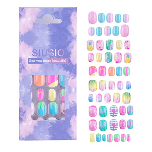 SIUSIO 120 Pcs 5 Pack Children Acrylic Fake Nails Press on Pre-glue Full Cover Glitter Gradient Color Rainbow Short Sticky Fake Nails Kids Nails Set for Little Girls - Colorful Rainbow Series