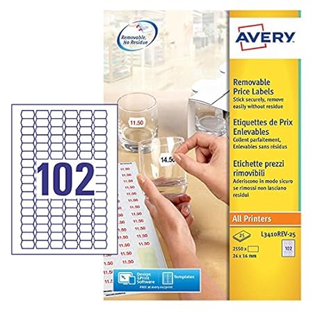 AVERY Zweckform L3410REV-25 Preis-Etiketten (A4, 2.550 Stück, ablösbar, 26 x 16 mm, 25 Blatt) weiß