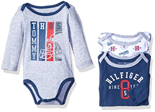 Tommy Hilfiger Baby Boys' Long Sleeve Print and Solid Bodysuits, Navy/Gray, 3-6 Months (Pack of 3)