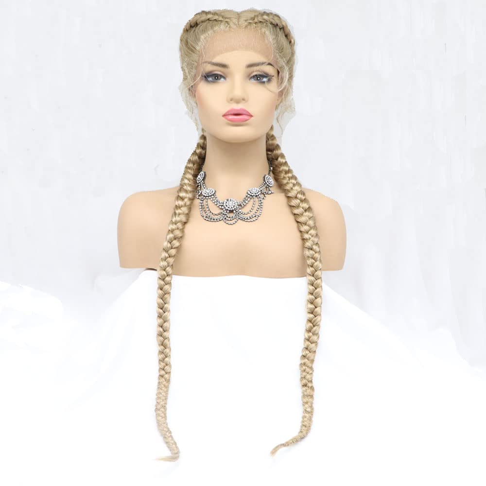 xiweiya wig 26" Braided Golden Wig 2 Double Twist Braided 360 Full Lace Front Wig Add Human hand Weaving Synthetic Soft Blonde Hair Natural Highline for Women,Drag Queen Halloween Makeup Party