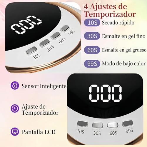 Lámpara de Uñas, UV/LED Secador de Uñas de 280W, Lámpara UV para Uñas con 45 Luces, Lámpara de Uñas para Esmalte de Gel con 4 Ajustes de Temporizador, Función de Temporizador de Memoria y Pausa