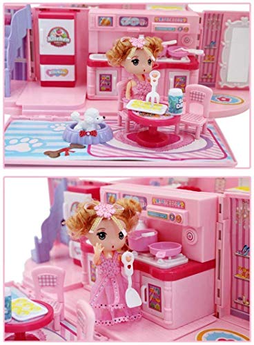 deAO 2-in-1-Spielset für Kinder in Rosa mit tragbarem Puppenhaus, Licht- und Musikfunktionen, Zubehör, Tragetasche und… – Bild 7