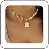 Vacaonio Boho Pearl Paperclip Chain Necklace Gold Coin Pendant Necklace Vintage Disc Coin Choker Necklace Paperclip Chain Necklace Unbalance Coin Necklace Jewelry for Women