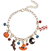 NewZenro Halloween Pumpkin Bat Witch Hat Link Chain Bracelet For Women Men Gold Plated Statement Unique Candy Moon Crystal Charm Tassel Bracelets Holiday Party Costume Accessories Jewelry Gifts