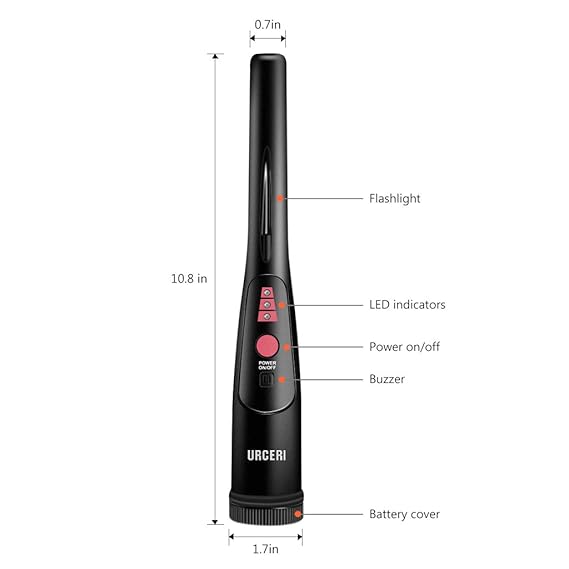 URCERI 2007 Detector de Metales Portátil, de mano, Pinpointer de Alta Sensibilidad, zumbador, con Linterna LED, Impermeable, Escaneo Lateral de 360°, ...