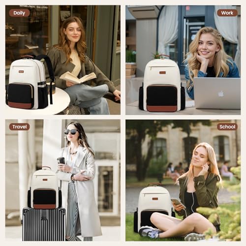 LOVEVOOK Laptop Backpack for Women with Pouch Pocket for Large Capacity Cup,15.6 Inch Laptop Computer Bag Travel Backpack Purse,Waterproof Work Business Backpack College Teacher Bags,Beige-Black-Brown