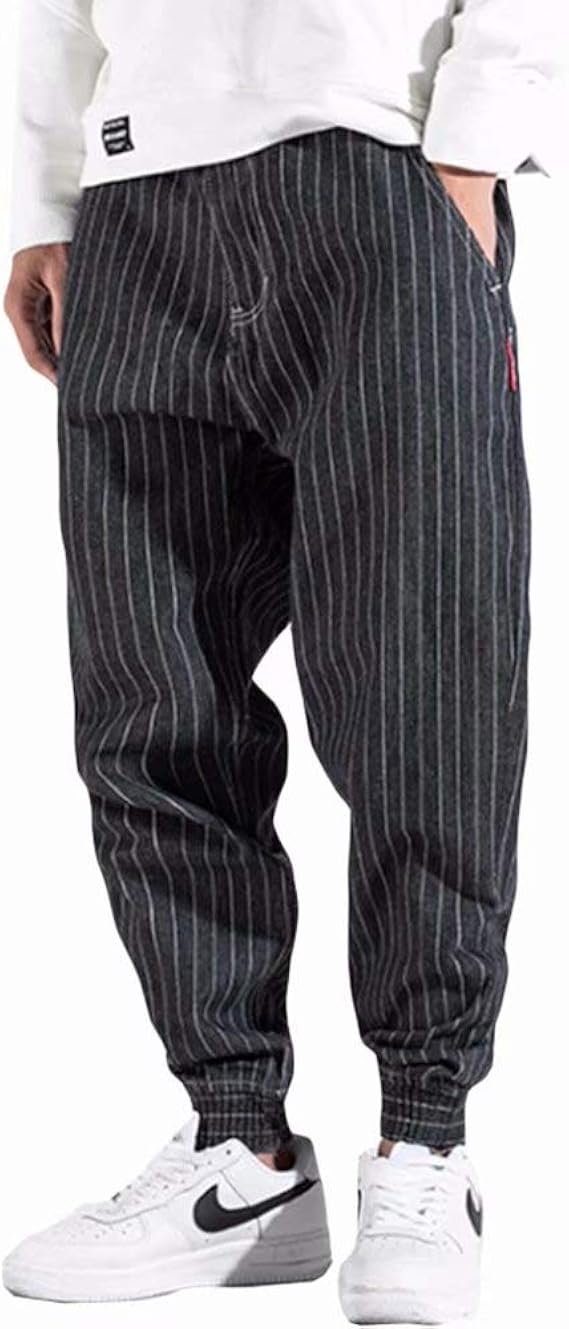 Amazon Yimanie デニムパンツ サルエルパンツ メンズ ワイドパンツ 大きいサイズ テーパード 長ズボン オールシーズン ストライプ 和風 復古 ジーパン 足首ゴム付き ヒップホップ 純綿 ルームウェア 上質 2色 ウォッシュ加工 ジーンズ 通販