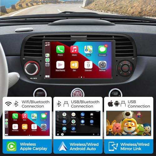 HLLECARMO Car Radio Fiat 500 2007-2015 Wireless Carplay & Android Car, 7 Inch Fiat 500 Car Radio with Bluetooth 5.0 Touchscreen RDS/AM/FM/USB DSP Mirror Link Subw EQ Steering Wheel Control- Black