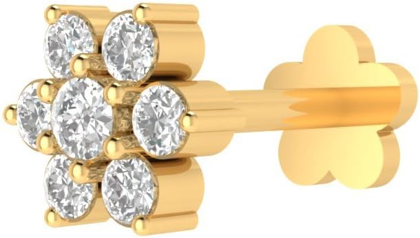 Animas JewelsCertified 14k Yellow Gold Flower Stud Nose Pin for Women 0.06 Cttw Natural Diamond (H-I Color. I1-I2 Clarity) Round Cut 3-Prong Setting Gifts