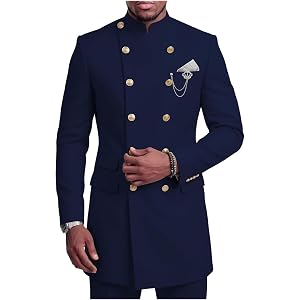 vqishne Mens Mandarin Collar Suit Jacket Double Breasted Blazer Traditional