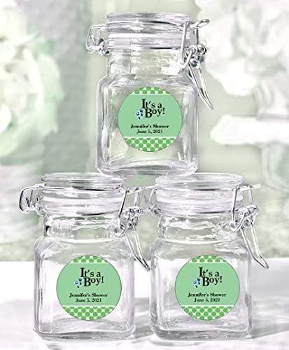 All Things Weddings Baby Shower Party Favor, Personalized Glass Favor Jars with Lid, It's a Boy Design, Set of 60, Green