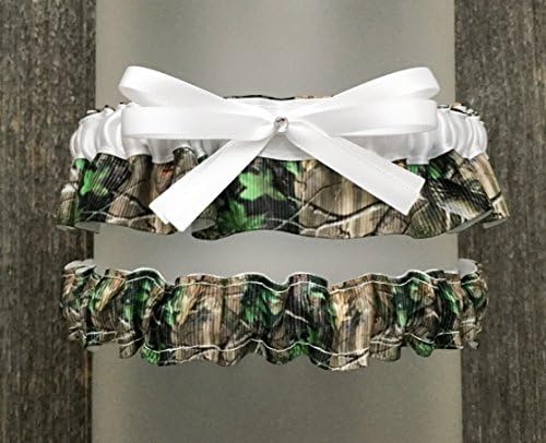Camouflage White Satin Bridal Wedding Garter Set - Rhinestone