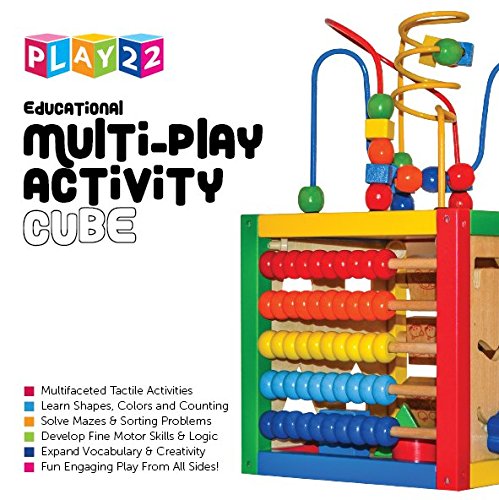 Wooden Activity Play Cube 6 in-1 for Baby with Removable Bead Maze, Shape Sorter, Abacus Counting Beads & Numbers, Sliding Shapes, 8Pcs Stacking Cups – Play22