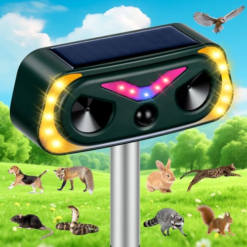 AYESY Ultrasónico Repelene de Animales, Repelente Gatos Solar con Luz LED Ahuyentador Gatos Perros Roedores, Resistente al Agua para Jardín Patio Granja Recargable Sensor Infrarrojo sin Dañar Animales