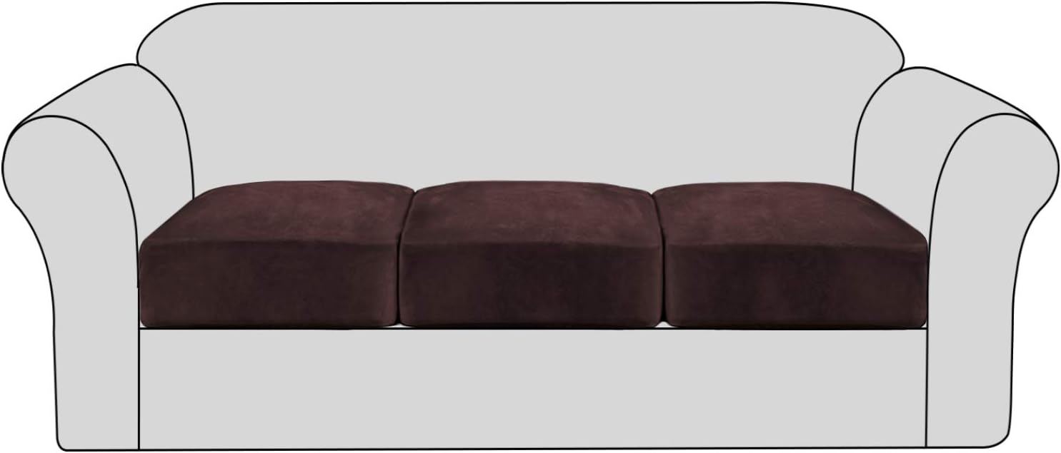 Velvet Stretch Couch Cushion Cover Plush Cushion Slipcover for Chair Loveseat Sofa Cushion Furniture Protector Seat Cushion Sofa Cover with Elastic Bottom Washable (3 Packs, Brown)