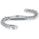 Personalized Men's Silver Bracelet - Engraved Curb Chain Wristband - Custom Jewelry Gift for Him, Boyfriend, Dad, Son - Durable Stainless Steel