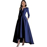 Xuzey Satin Mother of The Bride Dresses for Women High Low Long Sleeve Formal Wedding Guest Dress with Pockets