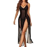 1stmall Women Lingerie Long Mesh Babydoll Chemise Sexy Exotic Strap Nightdress V Neck Sleepwear Side Split Outfit Nightgown