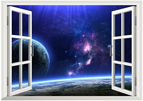 3D Outer Space World Galaxy Planet Landscape Fake Windows Wall Stickers Break Through the Wall Faux Windows Wall Decal For Livingroom Bedroom Kid's Room (6#Galaxy Planet 19.7"×27.6")
