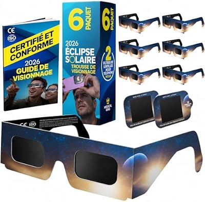 Lunettes Eclipse Solaire 2026 – Lot de 6 Paires Premium avec 2 Filtres Solaires pour Smartphone, Lunettes Eclipse Solaire ISO 12312-2, Certifiées CE, Protection des Yeux pour l'Observation du Soleil
