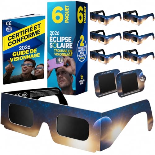 Lunettes Eclipse Solaire 2026 – Lot de 6 Paires Premium avec 2 Filtres Solaires pour Smartphone, Lunettes Eclipse Solaire ISO 12312-2, Certifiées CE, Protection des Yeux pour l'Observation du Soleil