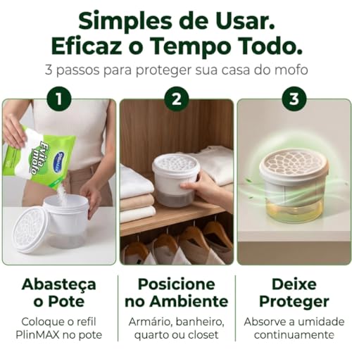 Kit Antimofo Evita Mofo Antiumidade | Refil 1Kg + 5 Potes Reutilizáveis para Guarda-roupas e Gavetas