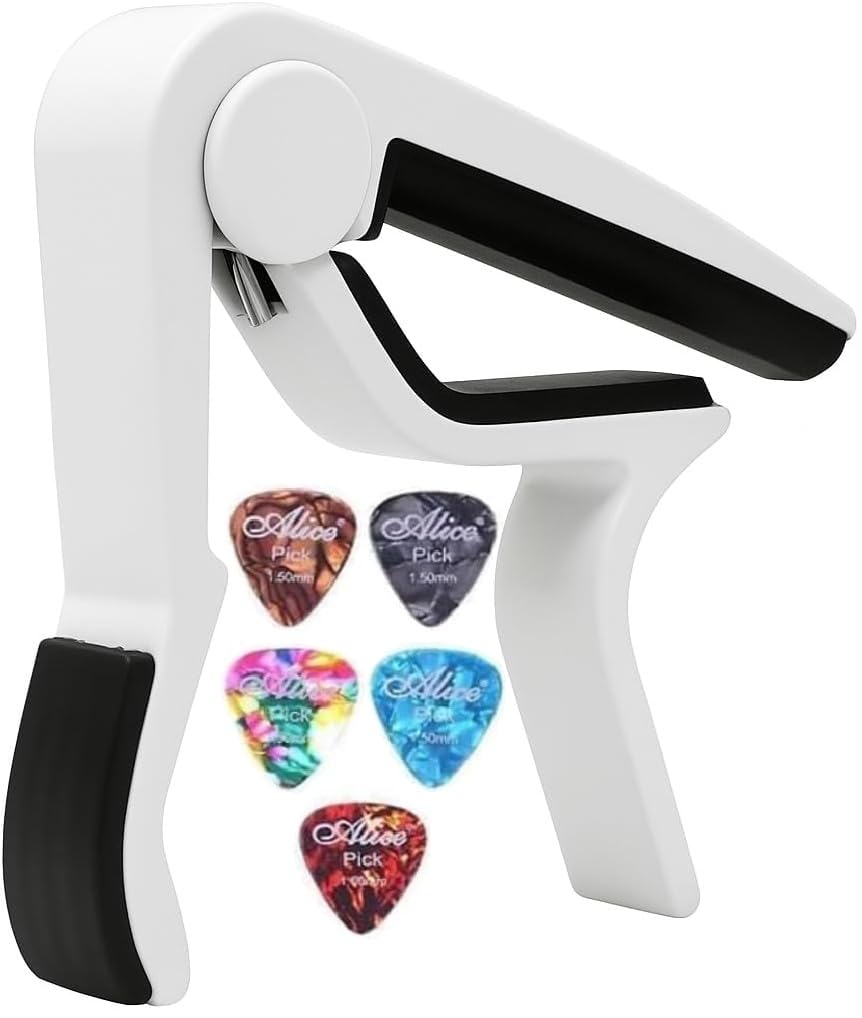 AKORD Quick Change Capo + 5 Picks for 6-String Acoustic & Electric Guitars, Classical Guitar & Ukulele – One-Handed Trigger Design, No Buzz, Lightweight & Durable – White