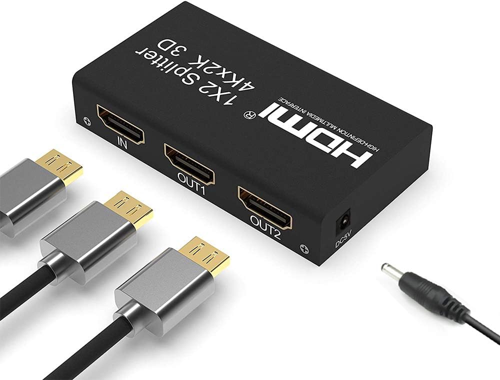 HDMI Splitter 1 in 2 Out, 1x2 Powered Splitter, HDMI V1.4 Supports Full 4K HD 1080P, 2160P & 3D Resolutions for DVD player, laptop, HDTV or other Devices to two display devices with HDMI ports.