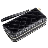 Women’s Leather Wallet Clutch, Quilted Large Handbag Organizer Wristlet Card Holder - Dual Zipper Section