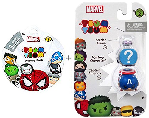 Marvel Tsum Tsum Mini stackable figures Super Hero Collection Spider-Gwen / Mystery Character ? & Captain America Series 2 Team Up + Marvel Tsum Tsum Series 1 Blind Bags Figure