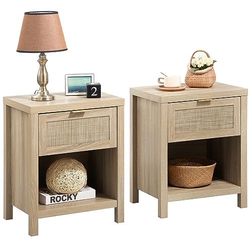SICOTAS Rattan Nightstands Set of 2, Farmhouse Night Stands with Drawer Bedside Table - Boho End Table Side Table Accent Table for Bedroom, Light Oak Wood