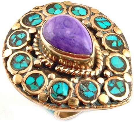 CHAROITE Turquoise Ring 925 Silver Plated UK Ring Size U/EU Size 62.5 Vintage Turquoise Jewelry Boho Rings for Women Handmade Tibetan Rings