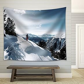 Winter Landscape with a Man Standing on The Snow Mountain Peak - Fabric Wall Tapestry Home Decor - 51x60 inches