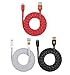 Qable Powerz 6-Feet Hi-Speed Braided Flat Noodle Lightning USB Sync Cable Charger, 3-Pack (Red/White/Black)