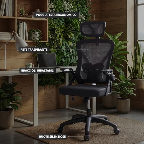 DRAIR35 – Sedia da Scrivania Ergonomica per Ufficio e Casa in Rete Tesa Traspirante, Reclinabile 90-120°, Poggiatesta e Braccioli Pieghevoli, Supporta fino a 120 kg, Nero