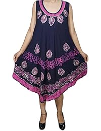 Womens Cover up Tank Dress Batik Print Embroidered Sleeveless Loose Swing Sundress