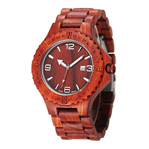 CUCOL Men's Red Sandalwood Wooden Wrist Watch Lightweight Quartz Movement Luminous